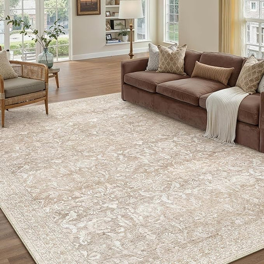 PureCozy 5x7 Area Rug Washable Beige Vintage Living Room Bedroom Carpet Indoor Non Slip Soft Low Pile Thin Rug Retro Accent Throw Office Dining Room