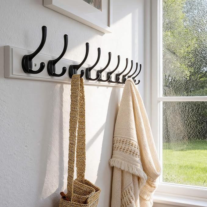Dseap Coat Rack Wall Mounted: 10-Hooks, 38-1/4" Long, 16" Hole to Hole, Wood Coat?Hooks Wall Mounted, Hook Rack, Hook Rail, Hooks for Hanging Coats, White & Black