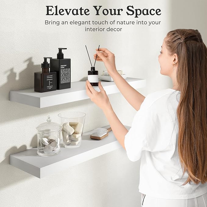 Floating Shelves for Wall, 7.9" Deep Wall Mounted Wood Shelves for Bathroom, Bedroom, Living Room, Kitchen, Hanging Shelf for Books/Storage/Room Decor (White, 16")