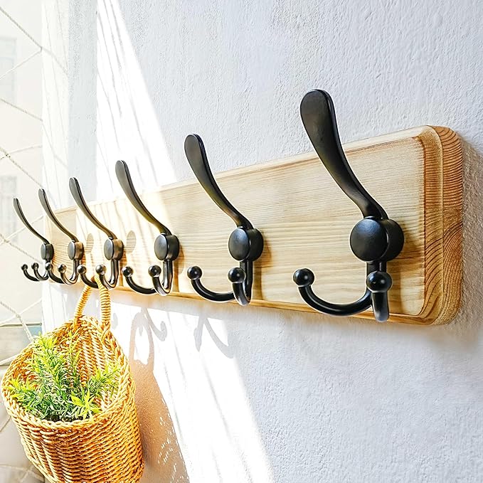 Dseap Coat Rack Wall Mounted - 24" Long 6 Tri Hooks, Heavy Duty Wooden Wall Coat Hanger Coat Hook for Clothes Hat Jacket Clothing, Weathered Light Natural and Black, Pack of 2