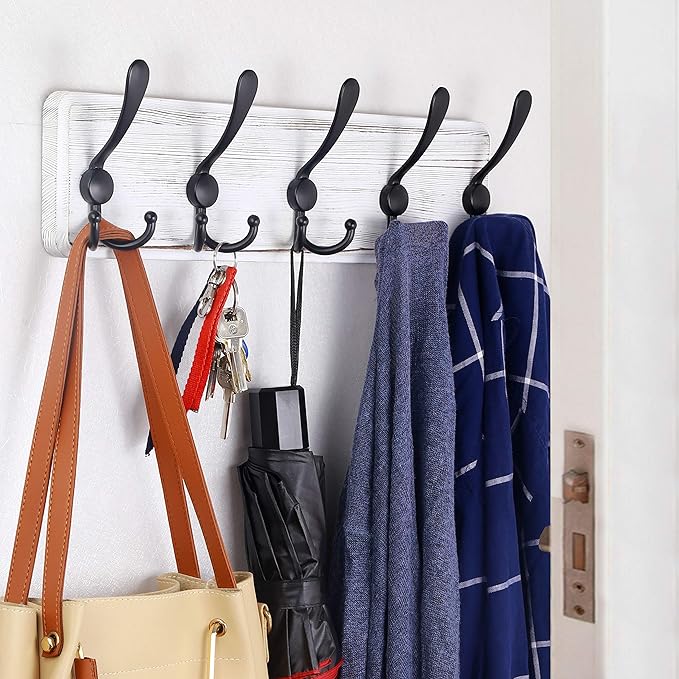 WEBI Rustic Coat Rack Wall Mount,Wood Coat Hooks Wall Mounted Coat Hanger,16" Hole to Hole,Hook Rack Rail,5 Triple Hooks for Hanging Coats,Hats,Jacket,Clothes,Entryway,Black,2 Packs
