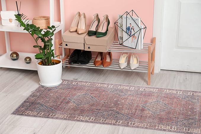 RugOver Machine Washable Area Rug, Pet-Friendly and Non-Slip Indoor Carpet for Kitchen, Bathroom, Living Room, Home Floor Decoration(Clay/Prussian, 2'6" x 6'6")