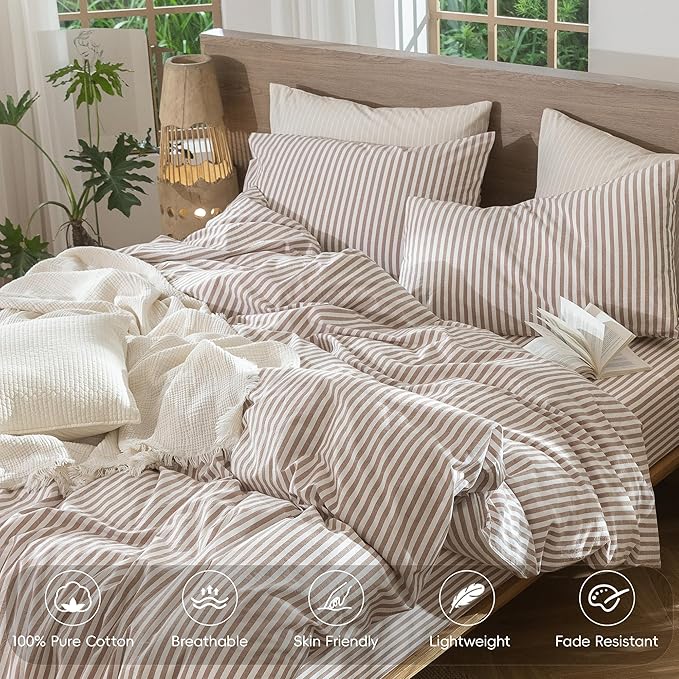 MooMee Striped Duvet Cover Set 100% Washed Cotton Linen Like Textured Breathable Durable Soft Comfy (Orange Classic Stripes, Cal King 104"x98")
