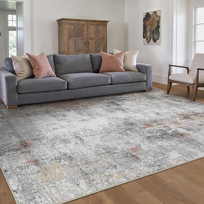 WondRg 6x9 Washable Area Rug Grey Rust Abstract Living Room Bedroom Carpet Neutral Modern Non-Slip Soft Low Pile Lightweight Vacuumable Throw Rug for Dining Room Kitchen