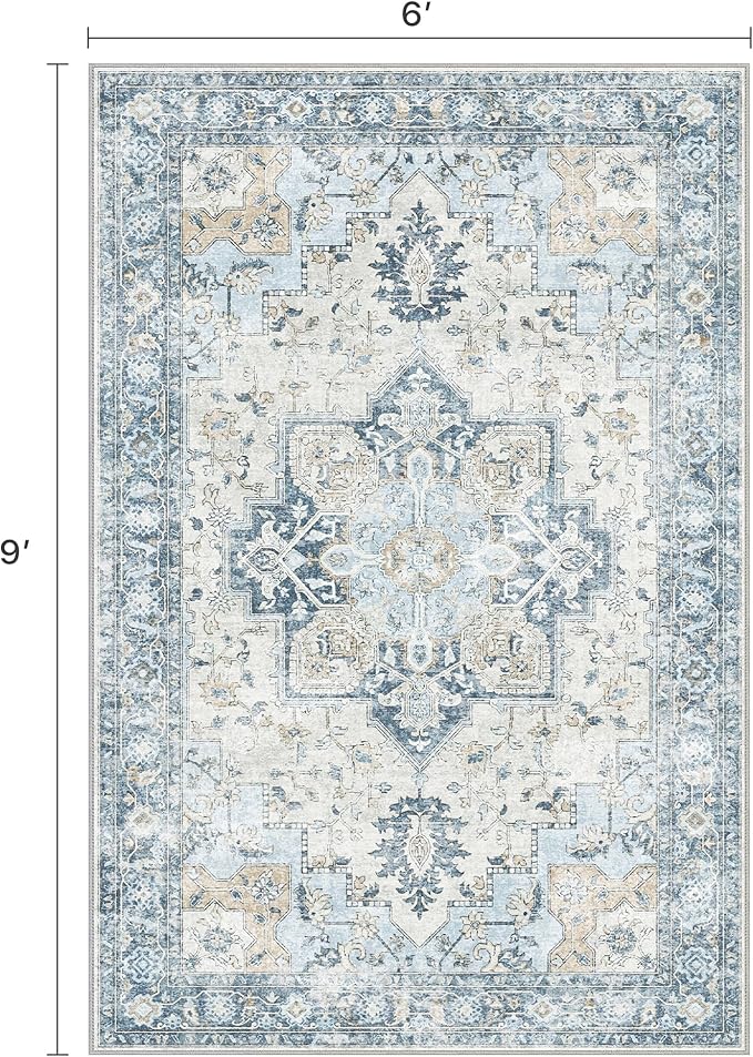 BESBLEE 6x9 Area Rugs for Living Room, Machine Washable Rug, Non Slip Vintage Rugs, Low Pile Lightweight Print Rug for Bedroom, Dining Room, Home Office, Blue