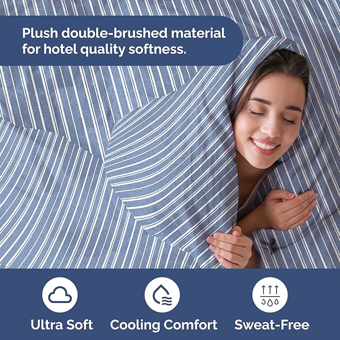 Duvet Cover Twin/Twin XL Size Set - Extra Soft Duvet Cover 68 x 90 with 1 Pillow Sham - Hotel Luxury, Easy Care and Fade Free w/ Zipper Closures & Ties - Comfy, Breathable Bedding Set (Blue Stripes 3)