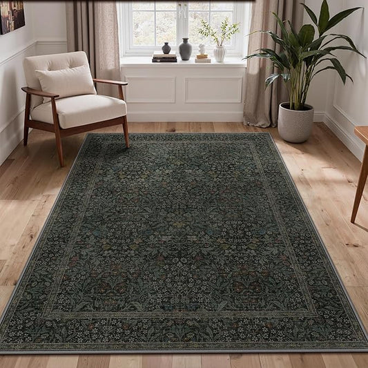 GENIMO 5x7 Area Rug for Living Room, Washable Vintage Floral Low-Pile Non-Slip Carpet for Bedroom Dining Room, Stain Resistant Botanical Accent Rug (Charcoal Green)
