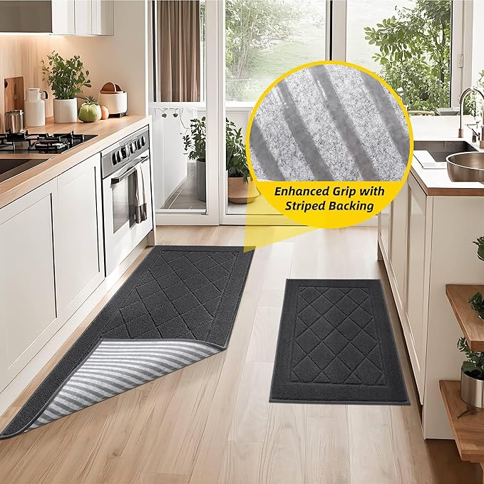 JSEI Non-Slip Kitchen Rugs, Self Adhesive No Sliding Kitchen Mats Set of 2, Soft Washable Absorbent Floor Mat for Kitchen, Bathroom, Laundry Room, Bedroom, 20”x32”+32”x48”, Dark Grey, Diamond Pattern