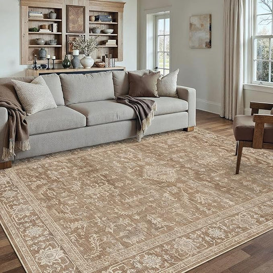 PureCozy 6x9 Brown Area Rug Vintage Washable Living Room Boho Carpet Non Slip Bedroom Indoor Office Low Pile Large Traditional Distressed Retro Accent Rug for Dining Room Bathroom Office Kitchen Dorm