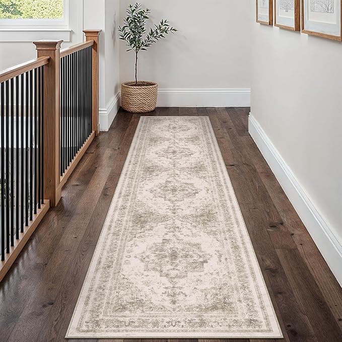 PureCozy Runner Rug 3x7 Beige Hallway Washable Carpet Non Slip Vintage Medallion Carpet Low Pile Soft Distressed Retro Indoor Long Rug for Entryway Kitchen Bathroom Laundry Bedroom