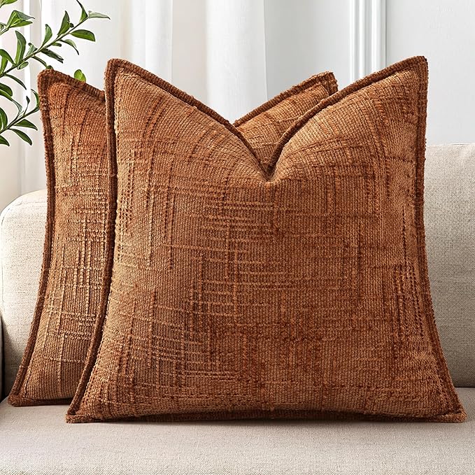 decorUhome Chenille Throw Pillow Covers 18x18 Set of 2, Thick Textured Slubby Neutral Decorative Pillow Covers with Elegant Design for Couch, Sofa, Living Room, Rust