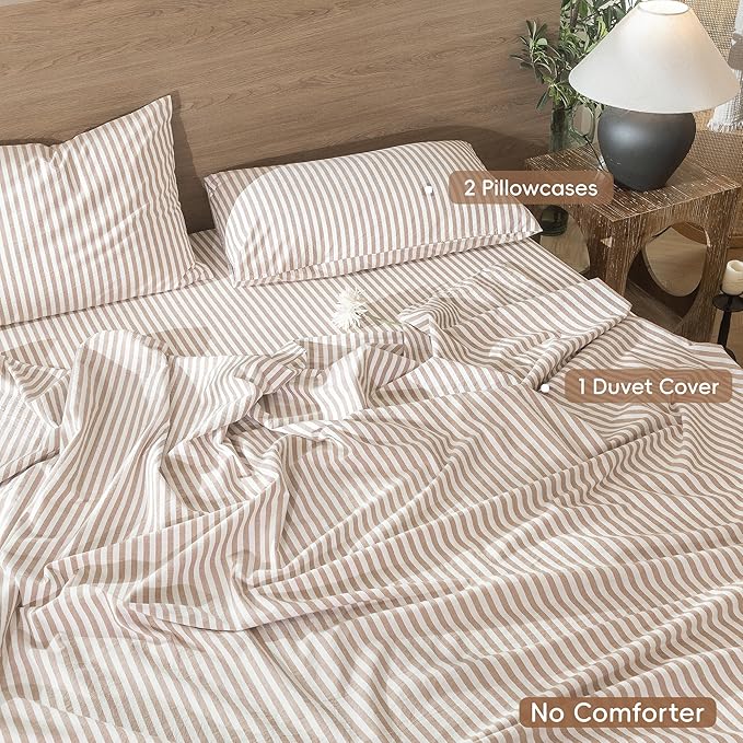MooMee Striped Duvet Cover Set 100% Washed Cotton Linen Like Textured Breathable Durable Soft Comfy (Orange Classic Stripes, Cal King 104"x98")