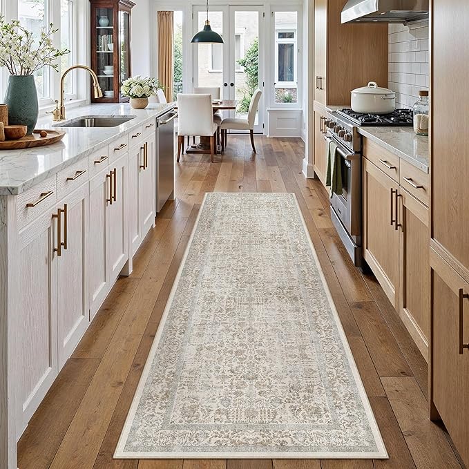 PureCozy Taupe Runner Rug 2x7 Hallway Machine Washable Kitchen Vintage Distressed Non Slip Long Carpet Indoor Retro Floral Bedroom Accent Throw Rug for Bathroom Office Laundry Dining Living Room
