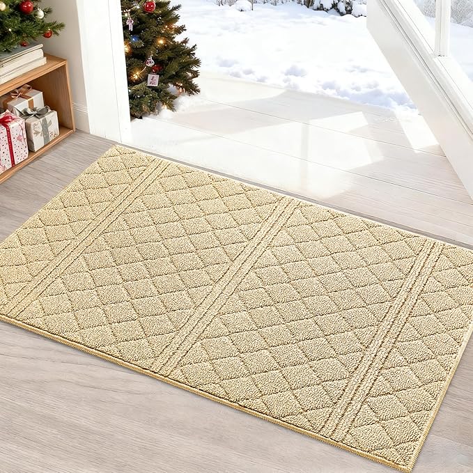 REFETONE Indoor Doormat, Front Back Door Mat 20"x32" Absorbent Rubber Backing Non Slip Door Mats, Low-Profile Resist Dirt Entrance Rugs, Machine Washable Door Rug Inside Floor Mat for Entryway, Golden