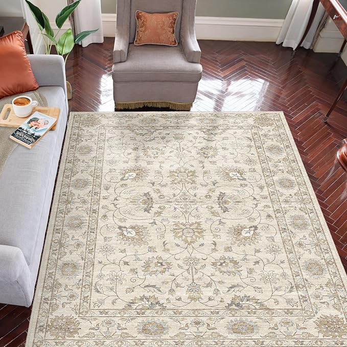 Fortsea Machine Washable Soft Area Rug 8x10 with Non Slip Backing for Living Room,Floor Decoration Carpet Mat Area Rugs 8x10 Clearance Bedroom Rug for Living Room (Beige Gold, 8X10FT)……