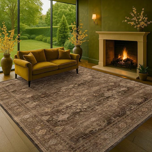 Hazo Haus Boho Brown Living Room Rug 6x8 - Modern Vintage Traditional Oriental Taupe Neutral, Washable Low Pile Non-Slip Extra Large Area Rugs for Dining Under Table Bedroom Lounge