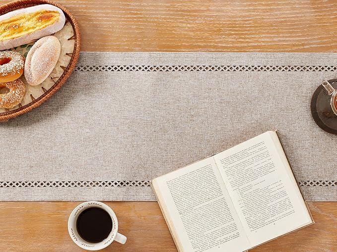 Burlap Style Farmhouse Table Runner, 13 x 90 Inch Coffee, Rustic Geometric Hollow Table Runners 90 Inches Long for Dresser Table Everyday Use, 13x90 Inches, Coffee