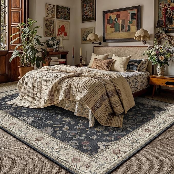 PureCozy Black 6x9 Area Rug Washable Vintage Carpet Living Room Large Indoor Bedroom Non Slip Low Pile Thin Soft Stain Resistant Accent Throw Rug Dining Office Kitchen Table Rug for Under Table