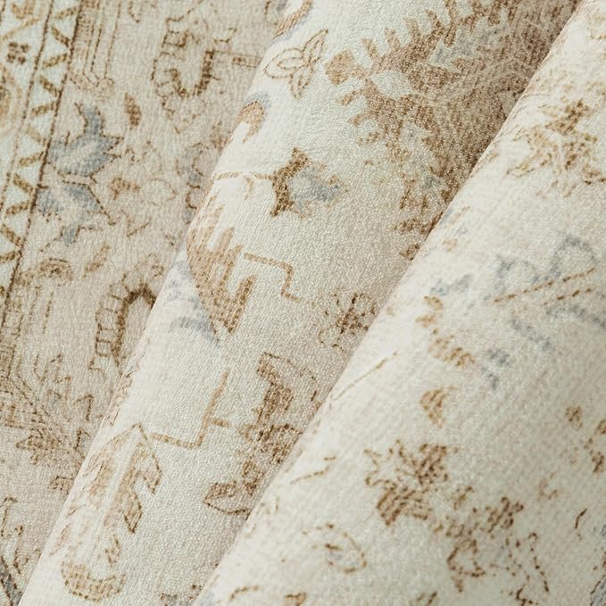 PureCozy 5x7 Beige Area Rug Vintage Washable Living Room Boho Carpet Non Slip Bedroom Indoor Office Low Pile Traditional Distressed Retro Accent Rug for Dining Room Bathroom Office Kitchen Dorm