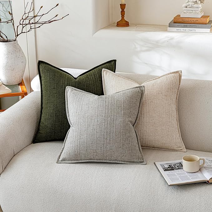 a moment Linen Pillow Covers Set of 2,Boho Farmhouse Throw Pillowcases Neutral Textured Decorative Covers for Couch Sofa,Linen Blend Accent Case Cushion Living Room Home Decor 20"x20"Dark Green