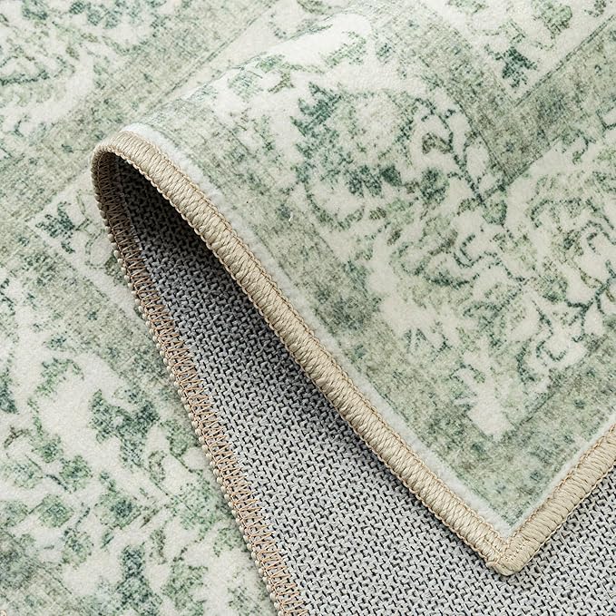 PureCozy Sage Green Area Rug 3x4 Washable Office Entryway Carpet Vintage Distressed Non Slip Kitchen Indoor Entry Neutral Low Pile Retro Floral Farmhouse Throw Mat for Laundry Dining Room Bedroom