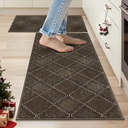 COSY HOMEER Kitchen Rugs and Mats Sets 2PCS Non-Slip Soft Kitchen Mats for Floor Absorbent and Stain Resistant Kitchen Floor Mat Washable Plaid Rugs for Kitchen,20"x32"+20"x48",Brown