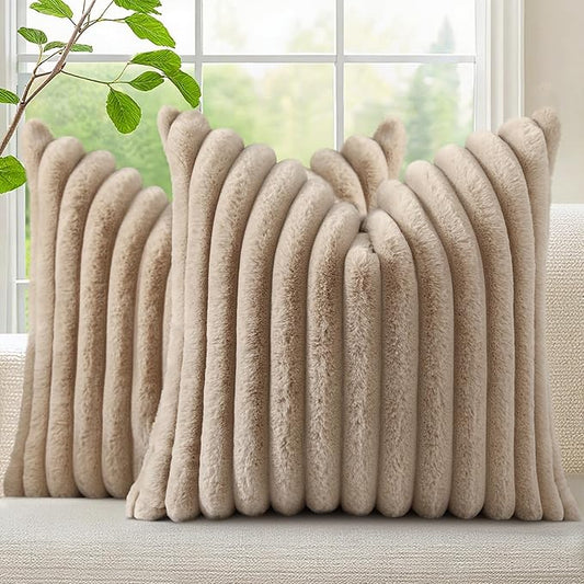 decorUhome Faux Fur Spring Throw Pillow Covers 16x16 Set of 2, Decorative Soft Plush Striped Neutral Couch Pillow Covers with Velvet Back for Sofa, Bed, Living Room Home, Khaki Brown