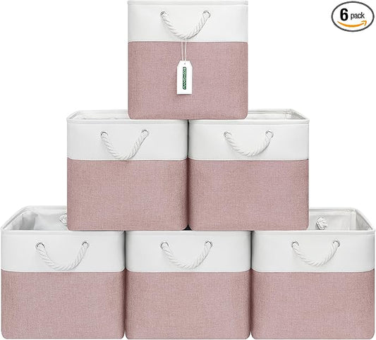 13x13 Inch Cube Storage Bins with Reinforced Bottom Cardboard, 6 Pack Large Foldable Fabric Storage Cubes with Handles for Shelf, Closet, Laundry Organization (White&Pink)