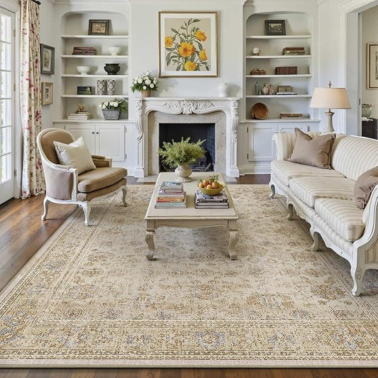 HUGEAR 6x9 Area Rug Beige Vintage Machine Washable Living Room Retro Rugs Distressed Floral Vacuumable Low Pile Carpet Bedroom Office Dining Room Laundry Room Non Slip Soft Lightweight