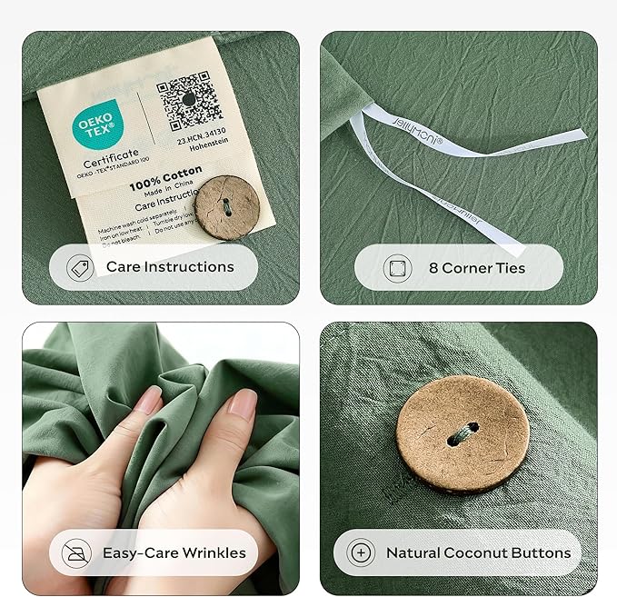JELLYMONI 100% Washed Cotton Duvet Cover Twin – Soft, Breathable Linen-Look Bedding with Natural Wrinkle Texture, Button Closure, 2-Piece Set (Dusty Green, 68"x90")