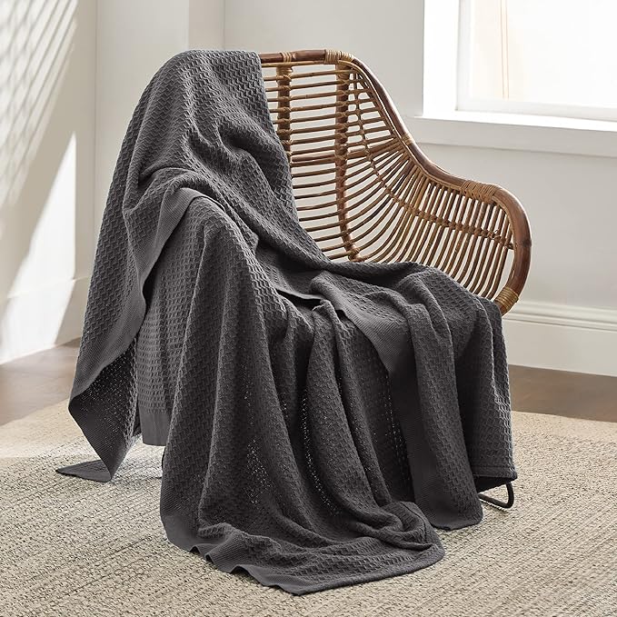 Bedsure Gentlesoft 100% Cotton Blanket Twin XL Size for College Dorm - Breathable and Soft for Spring Summer, Waffle Weave Twin Blanket for Bed, Dorm Room Essentials, Dark Grey, 66x90 inches