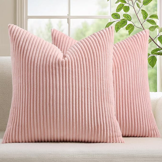 Mecatny Corduroy Decorative Throw Pillow Covers 24x24 Set of 2 for Sofa Living Room, Soft Neutral Boho Couch Pillow Covers for Home Decor, Pink
