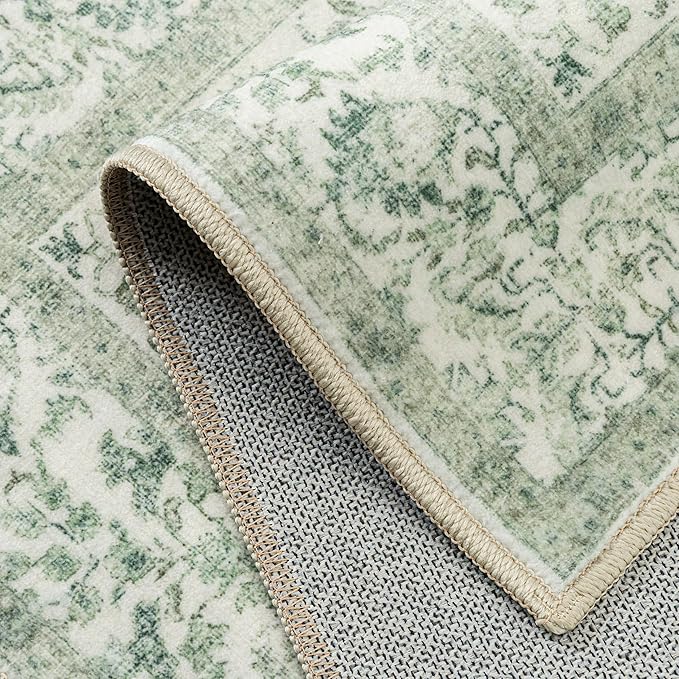 PureCozy Runner Rug 2x5 Sage Green Hallway Washable Vintage Distressed Kitchen Carpet Non Slip Neutral Low Pile Retro Floral Farmhouse Long Throw Rug Entryway Bathroom Office Laundry Dining Room
