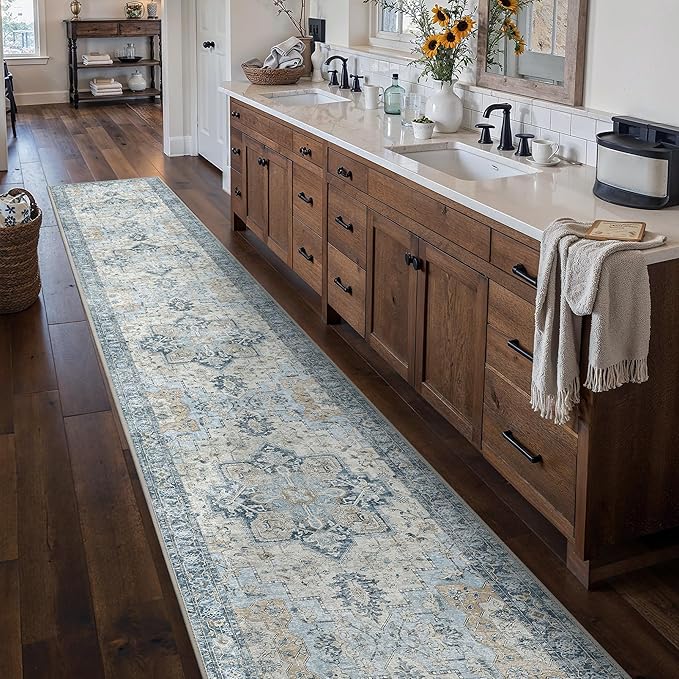 BESBLEE Runner Rug 2'6''x14, Non Slip Vintage Machine Washable Hallway Runner Rugs, Low Pile Lightweight Mat for Hallway, Entryway, Bedroom, Kitchen and Corridor, Blue