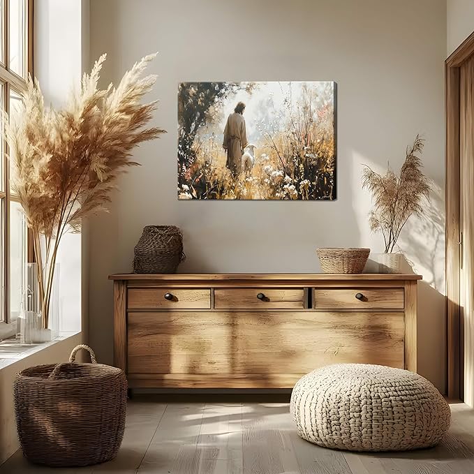 Jesus Leaves The 99 Sheep Canvas Wall Art, Christian Jesus Lamb Wall Decor Paintings, Lost Sheep Religious Bible Posters Prints Pictures for Church Living Room Bedroom 16x24 Inch Framed