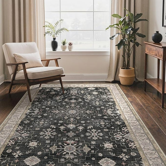 GENIMO 5x7 Area Rugs for Living Room,Machine Washable Non-Slip Vintage Rug, Low Pile Lightweight Carpet for Bedroom, Dining Room, Home Office, Stain & Fade Resistant,Black
