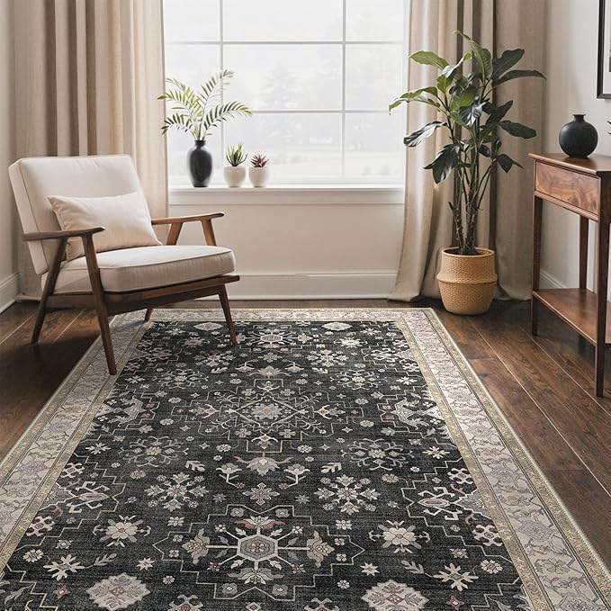 GENIMO 4x6 Area Rugs for Living Room,Machine Washable Non-Slip Vintage Rug, Low Pile Lightweight Carpet for Bedroom, Dining Room, Home Office, Stain & Fade Resistant,Black