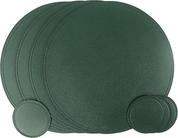 Set of 8 Faux Leather Round Placemats and Coasters, Disko Table Mats and Drink Spills Coasters, Easy to Clean, Double Stitched for Kitchen Dining Table, Diameter 13'' and 3.9''