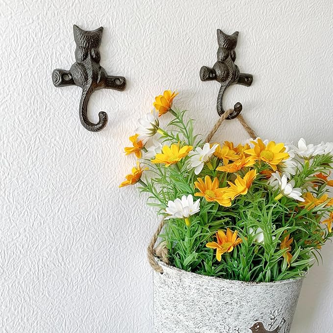 Rustic Cat-Shaped Decorative Wall Hook Rack Hangers for Hanging Clothes, Coats, Towels, Keys, and Hats, 2 Pack Antique Cast Iron Mounted Wall Hooks