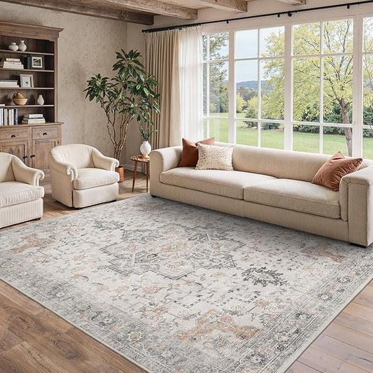 BESBLEE 8x10 Area Rugs for Living Room, Machine Washable Non Slip Vintage Rugs, Low Pile Lightweight Print Rug for Bedroom, Dining Room, Home Office, Light Taupe Brown
