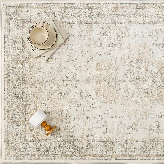 PureCozy 5x7 Washable Area Rug Beige Vintage Distressed Rug for Office Oriental Soft Thin Indoor Retro Carpet Non Slip Low Pile Floor Cover for Living Ding Room Bedroom Laundry Dorm