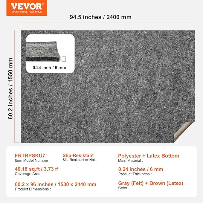 VEVOR 5' x 8' Non-Slip Rug Pad Gripper - 1/4" Thick Polyester Felt & Latex Backing Padding Cushion for Area Carpet Runner Hardwood Floors Living Room - Grey