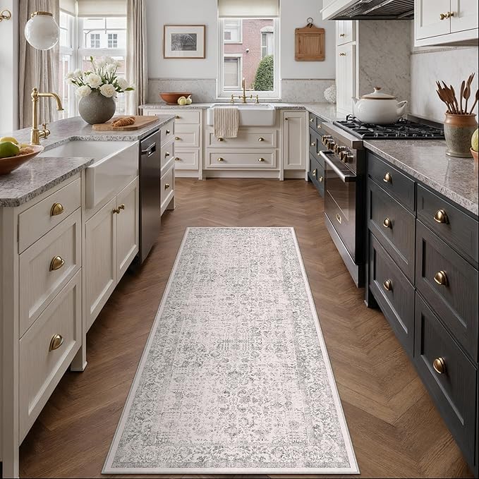 PureCozy Gray Entryway Runner Rug 2x4 Door Mat Machine Washable Kitchen Carpet Vintage Distressed Non Slip Indoor Grey Retro Floral Accent Throw Small Rug for Bathroom Office Bedroom Dining Room