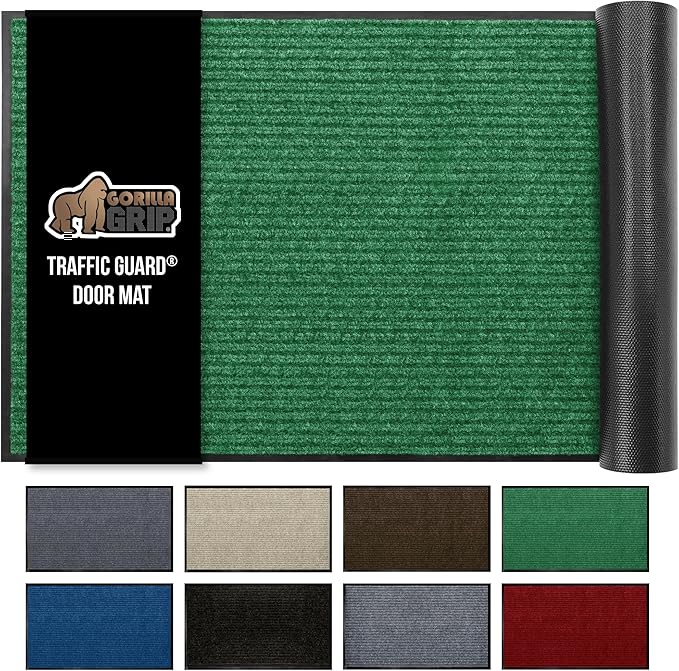 GORILLA GRIP Waterproof Traffic Guard Door Mat, 60x36, Heavy Duty Entryway Mats, Strong Backing Commercial Utility Rugs for Office Hallway, Garage Floor and Home, Low Profile Carpet Runner, Green