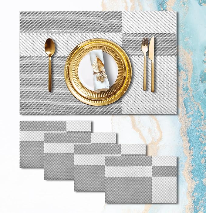 Placemats Set of 4 Vinyl Washable White Gray Placemats, 18"x12" Wipeable Heat-Resistant Non-Slip Easy Clean Table Mats Ideal for Dining Table Table Runner and Outdoor (4, White Square)