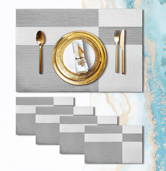 Placemats Set of 4 Vinyl Washable White Gray Placemats, 18"x12" Wipeable Heat-Resistant Non-Slip Easy Clean Table Mats Ideal for Dining Table Table Runner and Outdoor (4, White Square)