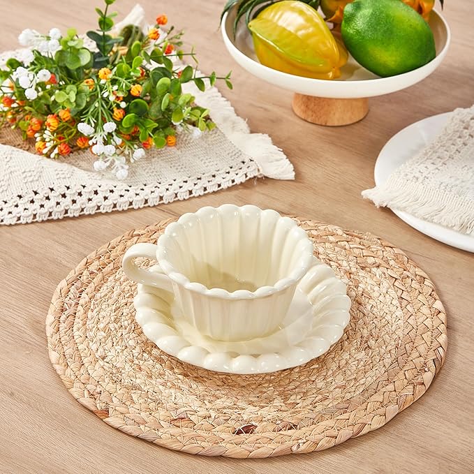 Denique Boho Placemats Set of 13 PCS - Handmade Grass Woven Meal Mats and Natural Cotton Linen Burlap, with 1 Macrame Burlap Table Runner 12x70inch, Table Mats Set for Dining Table Kitchen