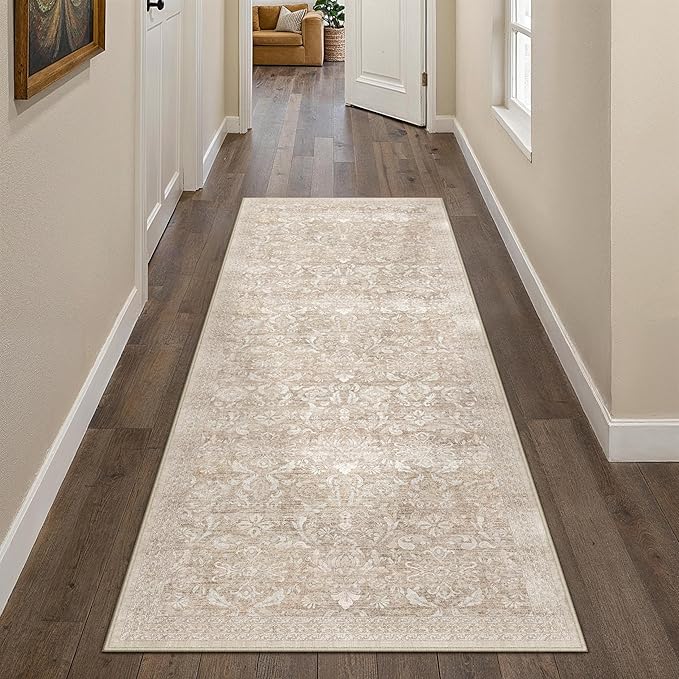 PureCozy 2x6 Runner Rug Washable Beige Vintage Hallway Kitchen Carpet Indoor Non Slip Small Low Plie Thin Bedroom Bathroom Rug Retro Accent Throw Dining Living Room