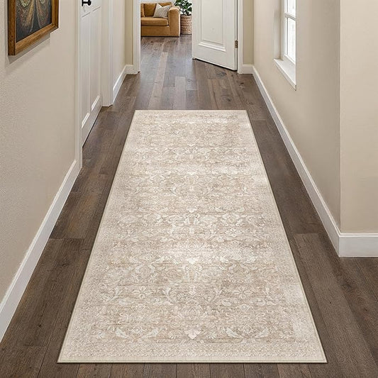 PureCozy 2x6 Runner Rug Washable Beige Vintage Hallway Kitchen Carpet Indoor Non Slip Small Low Plie Thin Bedroom Bathroom Rug Retro Accent Throw Dining Living Room