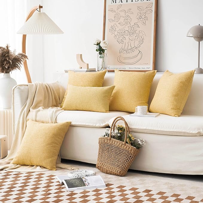 Home Brilliant Yellow Pillows Decorative Throw Pillows Burlap Soft Solid Linen Euro Sham Fall Pillow Covers Throw Pillow Case for Couch Winter Decor, 24x24(60cm)